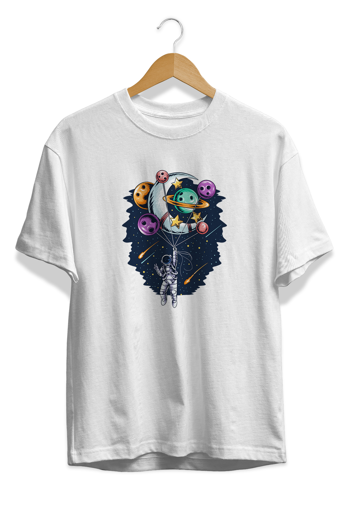 Gezegenleri Balon Yapan Astronot Baskılı Ünisex Tişört Gezegenleri Balon Yapan Astronot Baskılı Ünisex Tişört