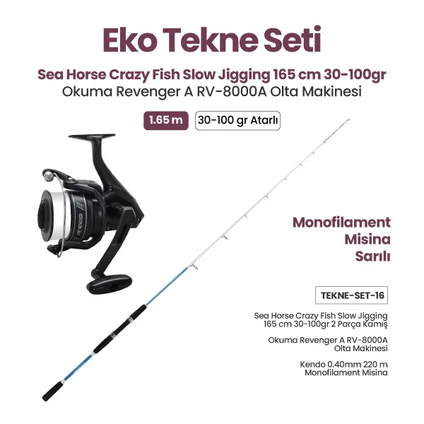 sea-horse-crazy-fish-slow-jigging-165-cm-30-100gr-kamis-okuma-revenger-a-rv-8000a-olta-makinesi-eko-tekne-seti-orgu-ip-monofilament-misina-secenekli-131658 Sea Horse Crazy Fish Slow Jigging 165 cm 30-100gr Kamış + Okuma Revenger A RV-8000A Olta Makinesi + Eko Tekne Seti (Örgü İp / Monofilament Misina Seçenekli) . 30-100 gr aralığındaki kurşunlu yemli köstekleri, çaparileri ve hafif metal jigleri yormadan yöneten 2 parçalı dengeli omurga, av stilinize göre tercih edebileceğiniz 8X Örgü İp veya Makaraya Sarılı Monofilament Misina varyasyonlarıyla her seviyeden balıkçıya eksiksiz bir çözüm sağlar Misina Varyasyon Seçenekleri Varyasyon 1 (Tekne-Set-15 – 8X Örgü İpli): Kutu içeriğinde gelen Premium Quality 8X 300 Metre Örgü İp ile derin sularda sürtünmesiz akış, sıfır esneme ve en narin dokunuşları anında tasmalamaya dönüştüren yüksek hassasiyet Varyasyon 2 (Tekne-Set-16 – Hazır Monofilament Misinalı): Makine makarasına fabrikasyon olarak hazır sarılmış Kendo 0.40 mm 220 Metre Monofilament Misina ile kutuyu açar açmaz doğrudan ava başlama konforu; misinanın esneme payı sayesinde iri balıkların sert kafa darbelerini sönümleyerek iğneden kurtulmaları önleyen yapı Paket İçeriği ve Teknik Özellikler Kamış: Sea Horse Crazy Fish Slow Jigging Olta Kamışı Uzunluk: 1.65 m (165 cm) Atar Değeri: 30 – 100 gr Parça Sayısı: 2 Parça Öne Çıkan Özellik: Tekne ve botta dar alanda takılmadan rahat hareket sağlayan 1.65 m kompakt yapı. . . Kurşun tabana değdikten sonra boşluk alınıp takım 1-2 karış dipten kaldırılır. Kamış ucundaki vuruşlar hissedildiği anda tasmalama yapılarak sarıma başlanır Nerelerde Yapılır: 25 ila 90 metre derinlikteki taşlık sığlıklar (topuklar) ve kırmalık meralar Batık çevreleri ve su altı resifleri Akıntılı kanal dipleri ve ada boğazları Hedef Balıklar Mercan, Çipura & Karagöz: Derin döküntülerde sülünez, mamun veya tavuk göğsü takılı kösteklere hücum eden popüler dip balıkları. İstavrit, Kolyoz & Uskumru: Tekne altındaki sürülere sarkıtılan çok iğneli çaparilerle hızla toplanan açık su balıkları. Lagos & Trança: Taş altı oyuklarından hafif jiglere veya iri yemli takımlara sert darbeler vuran trofeler. Kalamar & Sübye: Gece seanslarında derin sulara indirilen zoka düzenekleriyle hedeflenen kafadanbacaklılar. Yanınızda Bulundurulması Gereken Ek Teçhizatlar Hazır Mercan / Çipura Köstekleri: 2’li veya 3’lü sağlam iğneli fırdöndülü hazır bedenler. Damla / Armut Tekne Kurşunları: Akıntıya göre 40 – 100 gr aralığında fırdöndülü kurşunlar Hafif Slow Jigler & Kalamar Zokaları: 40 – 90 gr aralığında parlayan dikey metal yemler ve zokalar. Fluorocarbon Şok Lider: Örgü ip seçeneğini tercih edenler için keskin taşlara karşı 0.35 – 0.45 mm lider misina. Balıkçı Pensesi & İğne Çıkarıcı: Yemi derine yutan dip balıklarını pratikçe kurtarmak için. Bu birleştirilmiş tekne seti için e-ticaret sitenize uygun Meta reklam metinleri (Primary Text, Headline, Description) de hazırlamamı ister misiniz?